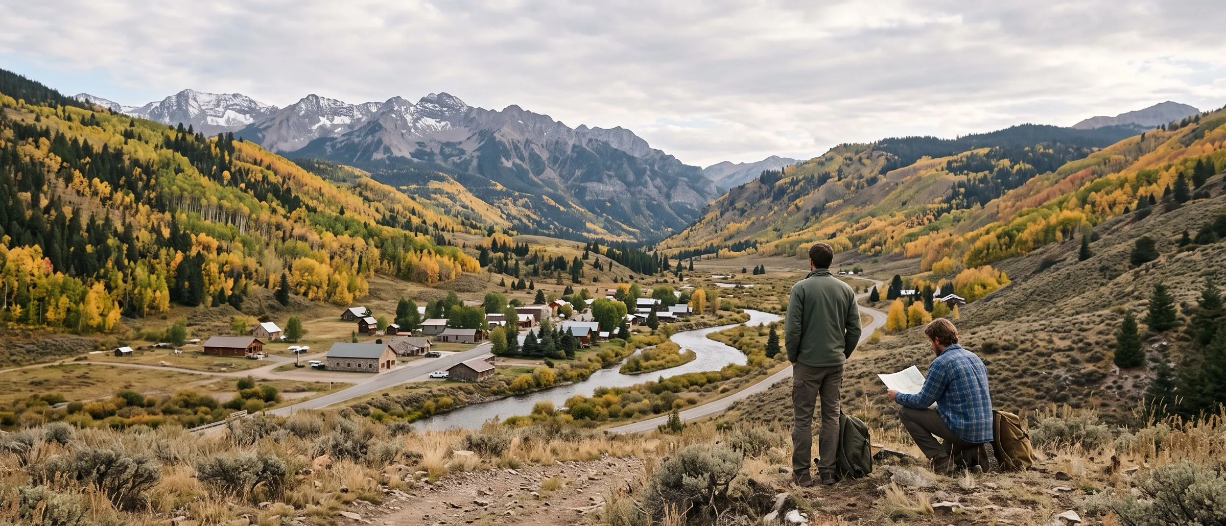 A wide mountain valley in early autumn, a small town along the river and yellow aspens on the slopes