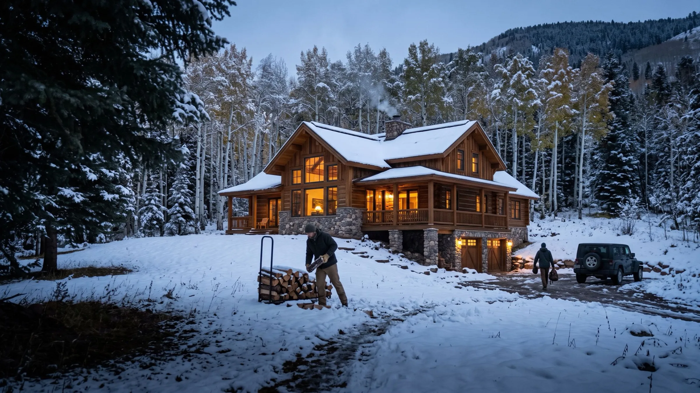A timber-and-stone mountain home at dusk in fresh snow, warm light in the windows and aspens behind