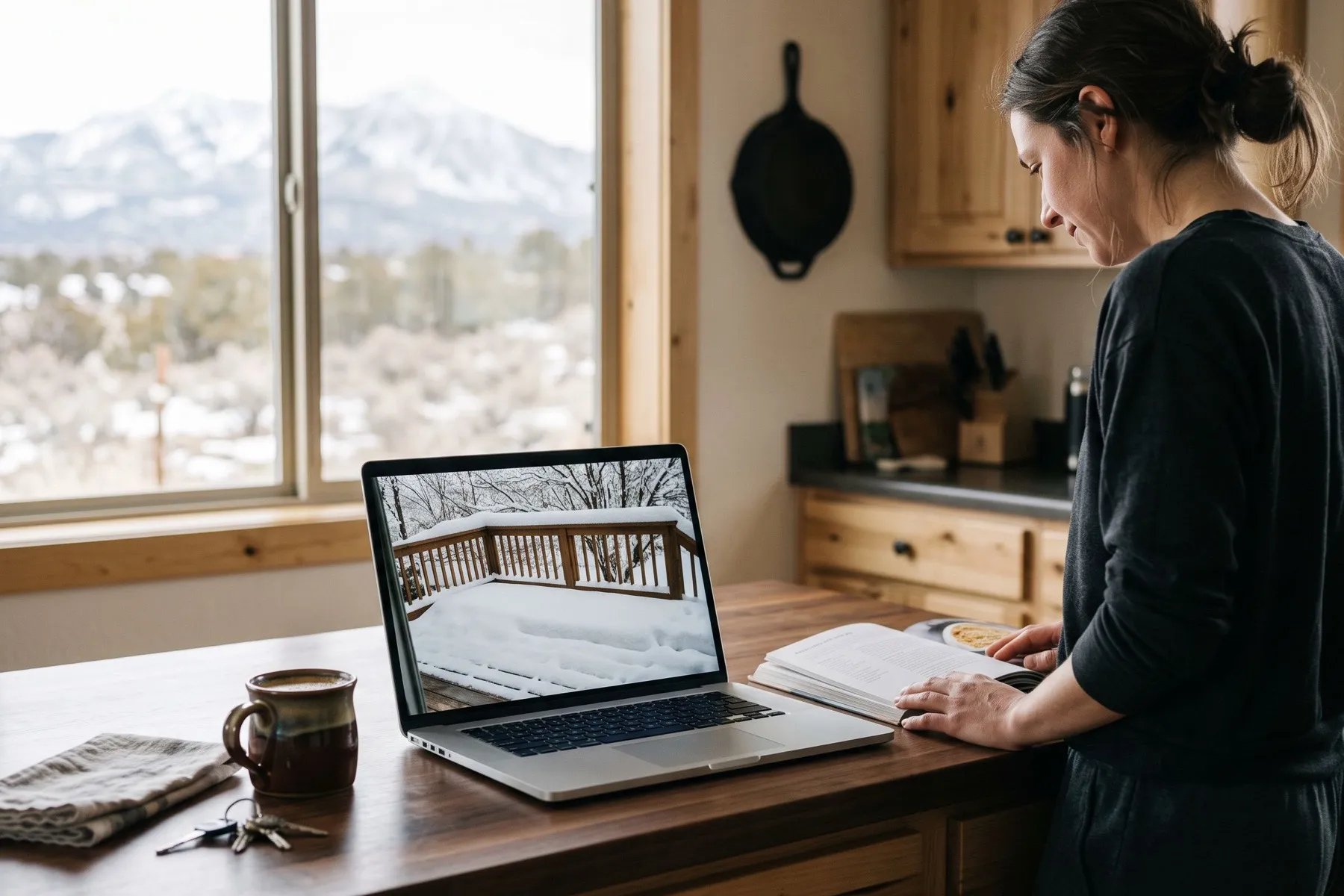 A laptop on a kitchen counter showing a photo of a snowy deck, a mug of coffee beside it