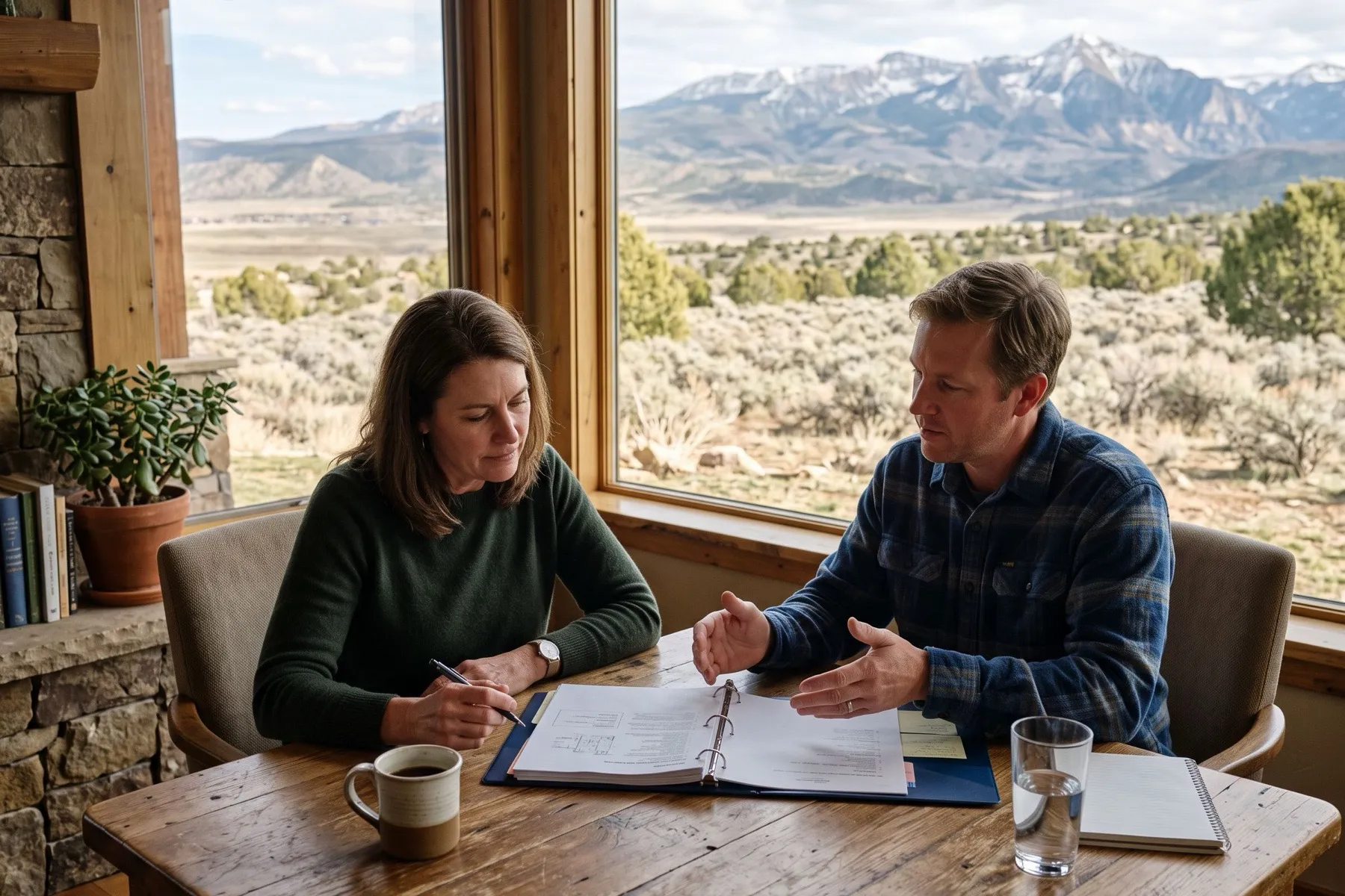 A property manager going over a binder with a homeowner at a dining table with a mountain view
