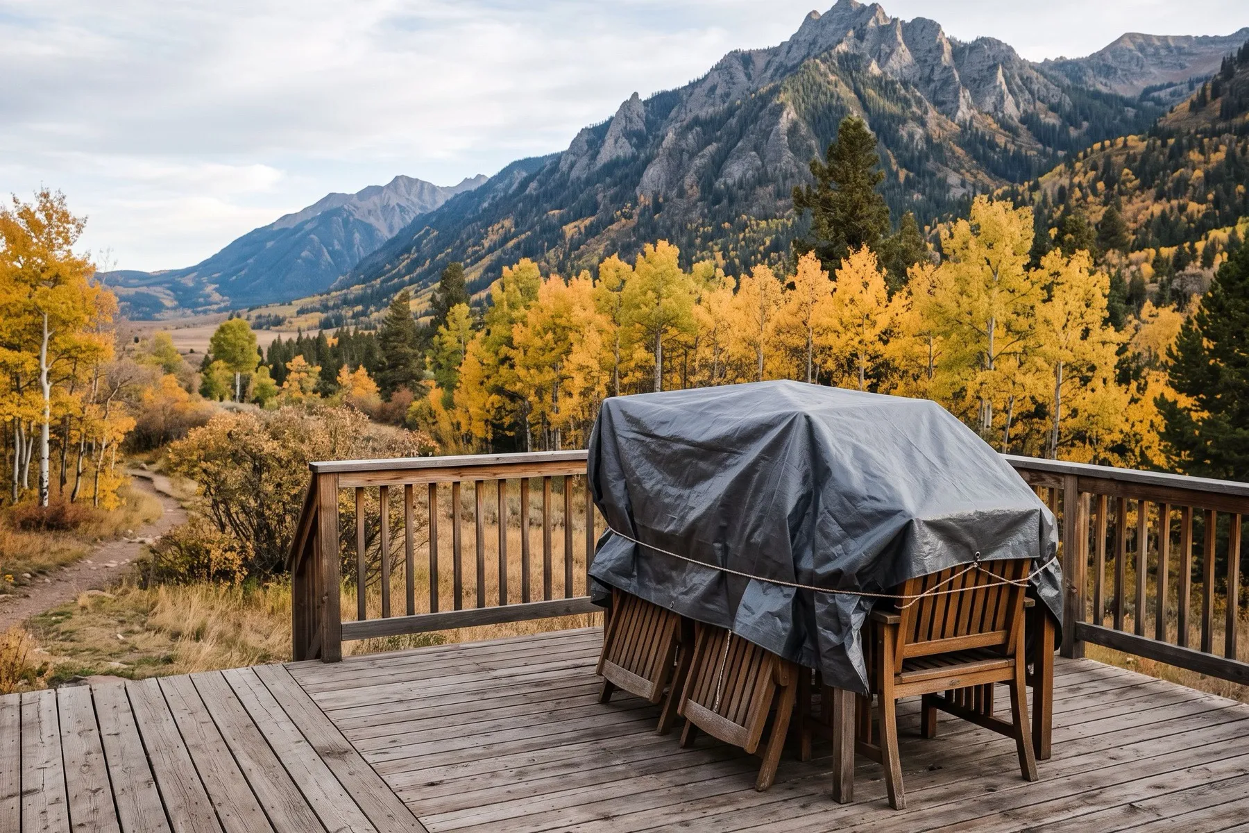 Deck furniture stacked and covered on a wooden deck, golden aspens and a mountain behind