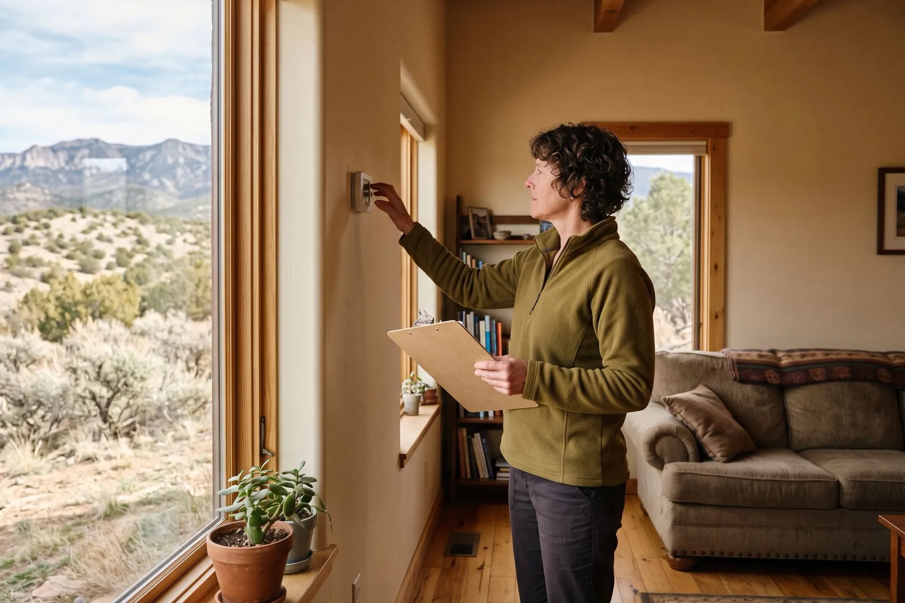 A caretaker with a clipboard checking a thermostat in a quiet, sunlit living room